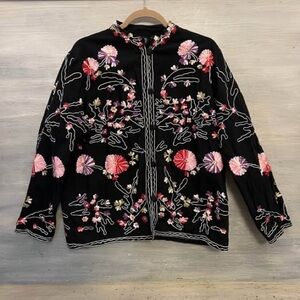 Vintage Take Two Clothing Co. Black Embroidered Flower Button‎ Down Jacket Large